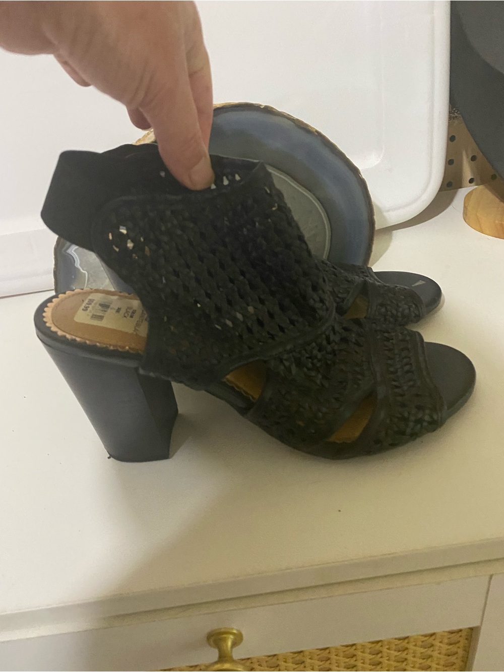 Clarks Black Woven Leather Block Heel Sandals
